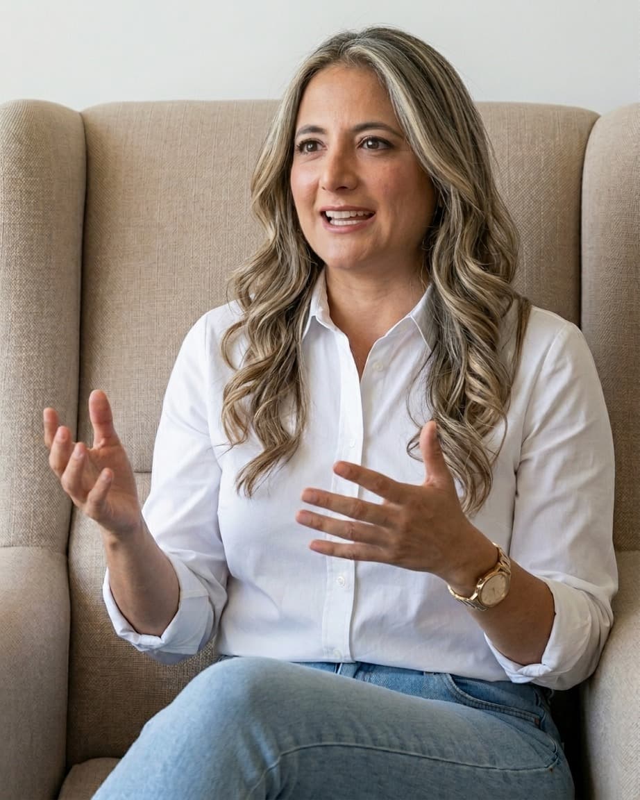 Trinidad Jimena Vidal, sentada, en conversación
